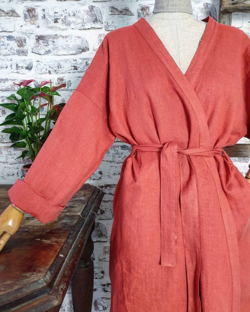 Linen bath robe, soft natural linen kimono robe, stonewashed linen white black beige blue green long robe, raw linen clothes, linen bathrobe