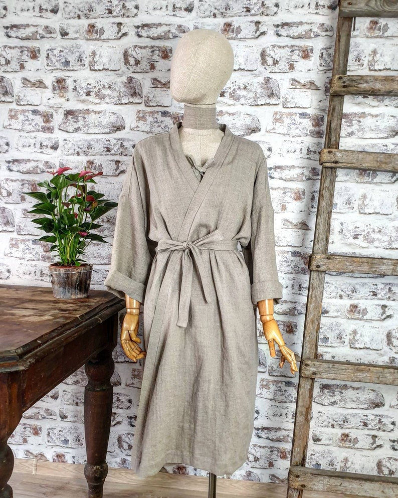 Linen bath robe, soft natural linen kimono robe, stonewashed linen white black beige blue green long robe, raw linen clothes, linen bathrobe