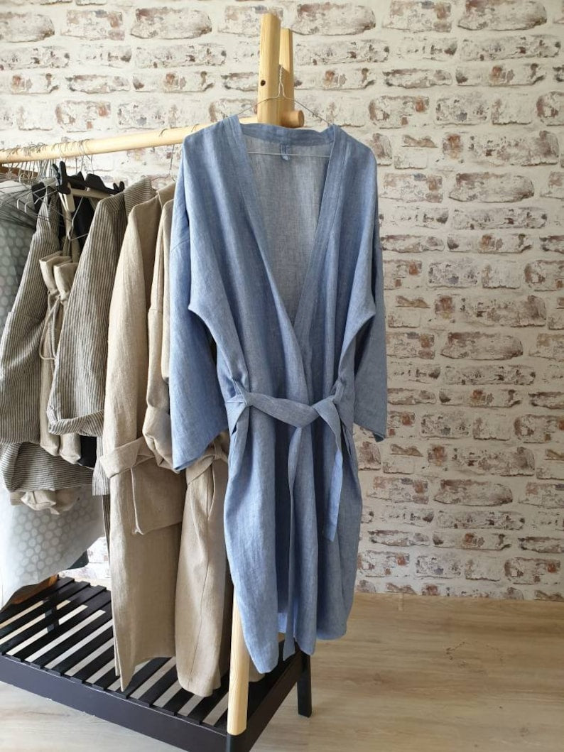 Linen bath robe, soft natural linen kimono robe, stonewashed linen white black beige blue green long robe, raw linen clothes, linen bathrobe
