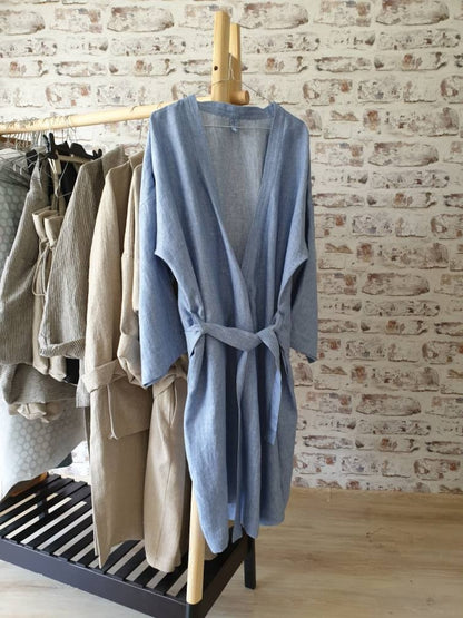 Linen bath robe, soft natural linen kimono robe, stonewashed linen white black beige blue green long robe, raw linen clothes, linen bathrobe