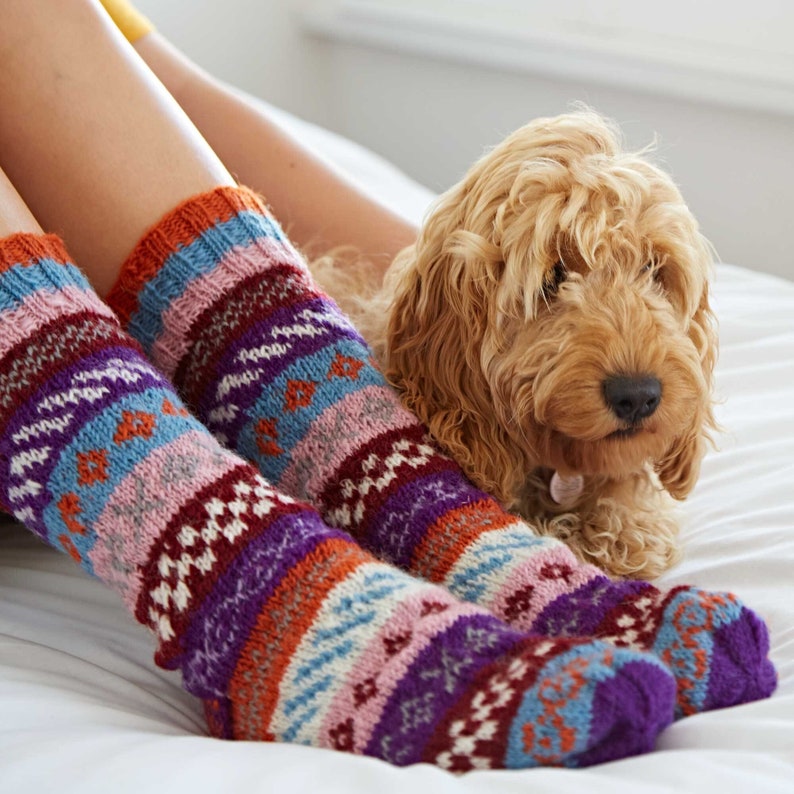 Hand Knitted Fair Isle Wool Socks: Colourful Nordic Fairtrade Socks