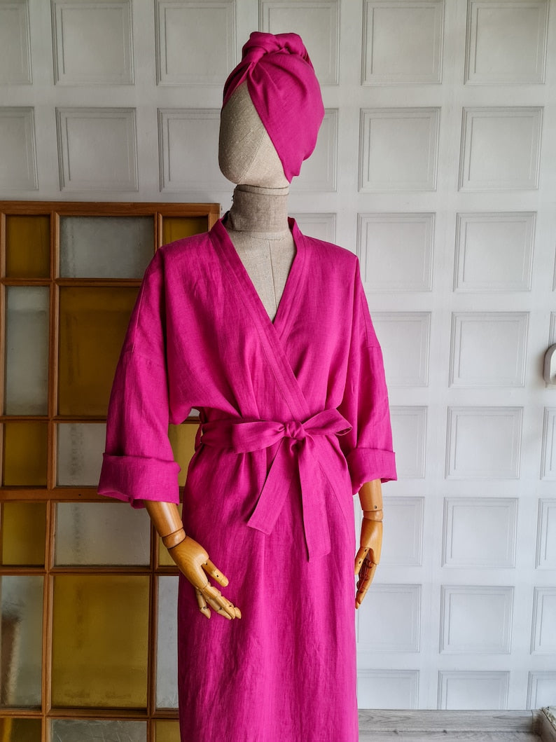 Linen bath robe, soft natural linen kimono robe, stonewashed linen white black beige blue green long robe, raw linen clothes, linen bathrobe