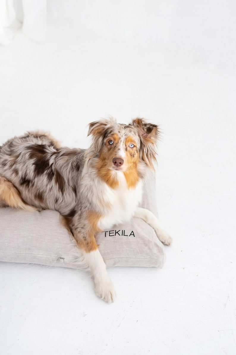 Removable and washable dog bed cover, Linen Dog Bed Cover, Personalized Dog Bed Cover With A Name Embroidered, Custom Size Dog Bed Cover