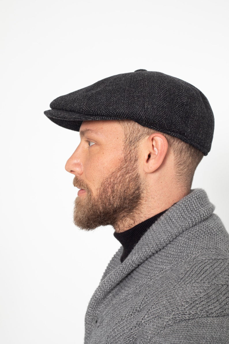 Black Herringbone Wool 8 Panels Cap, Peaky Blinders Hat, Baker Boy Hat, Irish flat cap, Christmas Gift, Hatsquare Newsboy Cap, Men Scarf Set
