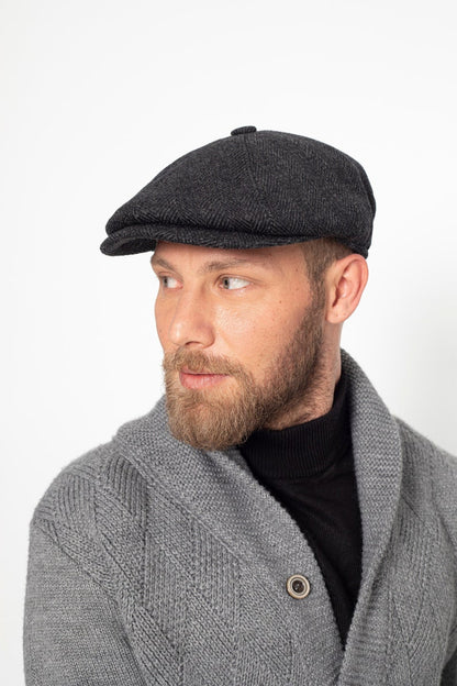 Black Herringbone Wool 8 Panels Cap, Peaky Blinders Hat, Baker Boy Hat, Irish flat cap, Christmas Gift, Hatsquare Newsboy Cap, Men Scarf Set