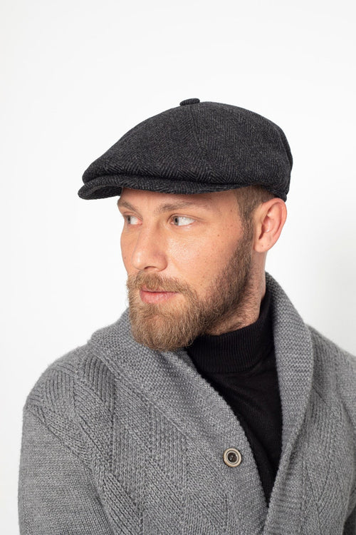Black Herringbone Wool 8 Panels Cap, Peaky Blinders Hat, Baker Boy Hat, Irish flat cap, Christmas Gift, Hatsquare Newsboy Cap, Men Scarf Set