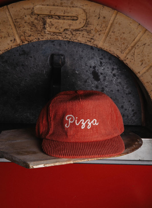 Pizza Chainstitch Hat, Vintage Unstructured 5 Panel Corduroy Strapback Hat, Red Hat, Pizzeria, Gift for Foodies