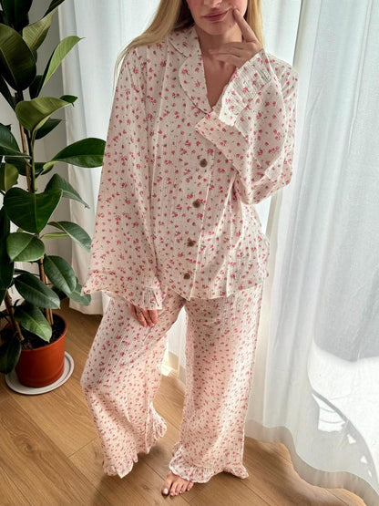 Floral 100% Cotton Muslin Pajama Set with Ruffles: Soft Lounge Sleepwear