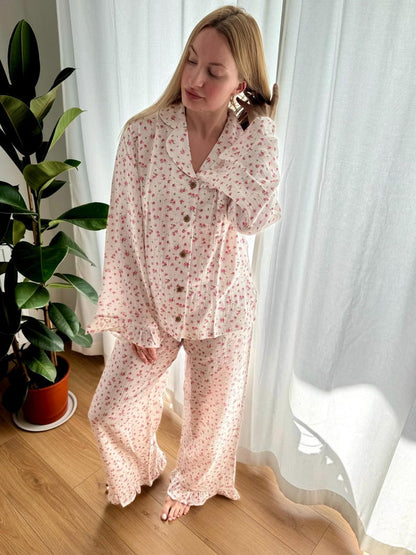 Floral 100% Cotton Muslin Pajama Set with Ruffles: Soft Lounge Sleepwear