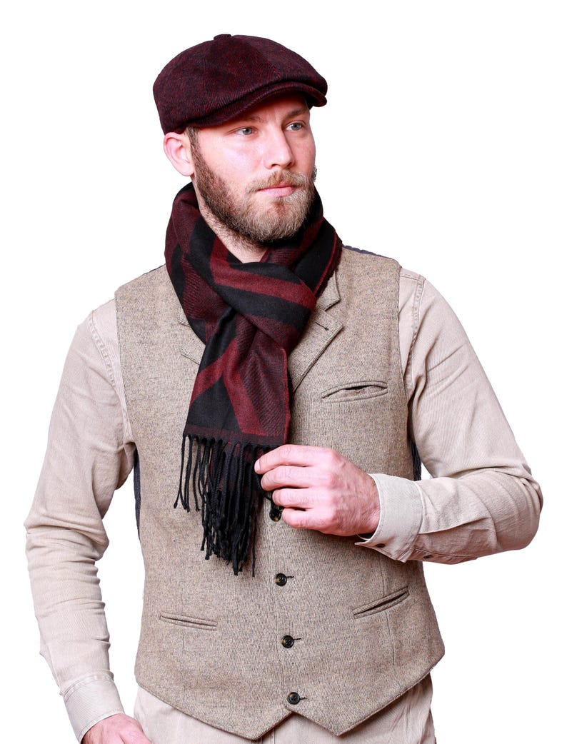 Black Herringbone Wool 8 Panels Cap, Peaky Blinders Hat, Baker Boy Hat, Irish flat cap, Christmas Gift, Hatsquare Newsboy Cap, Men Scarf Set