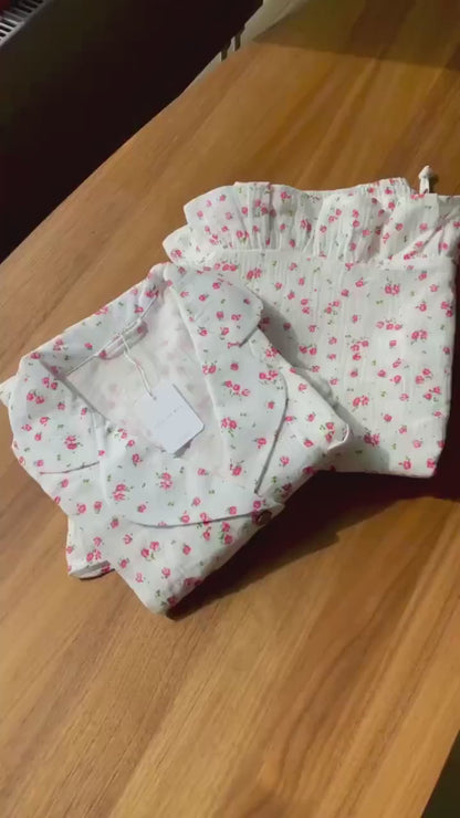 Floral 100% Cotton Muslin Pajama Set with Ruffles: Soft Lounge Sleepwear